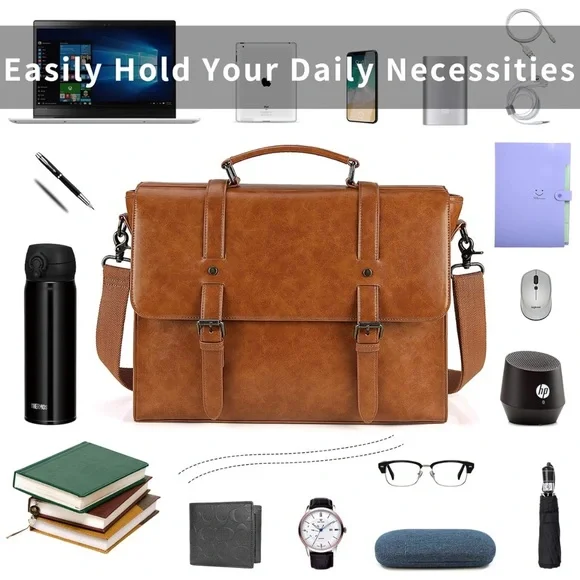 Leather Messenger Bag Vintage 15.6 Inch Laptop Briefcase Satchel Shoulder Bag - Picture 15 of 16